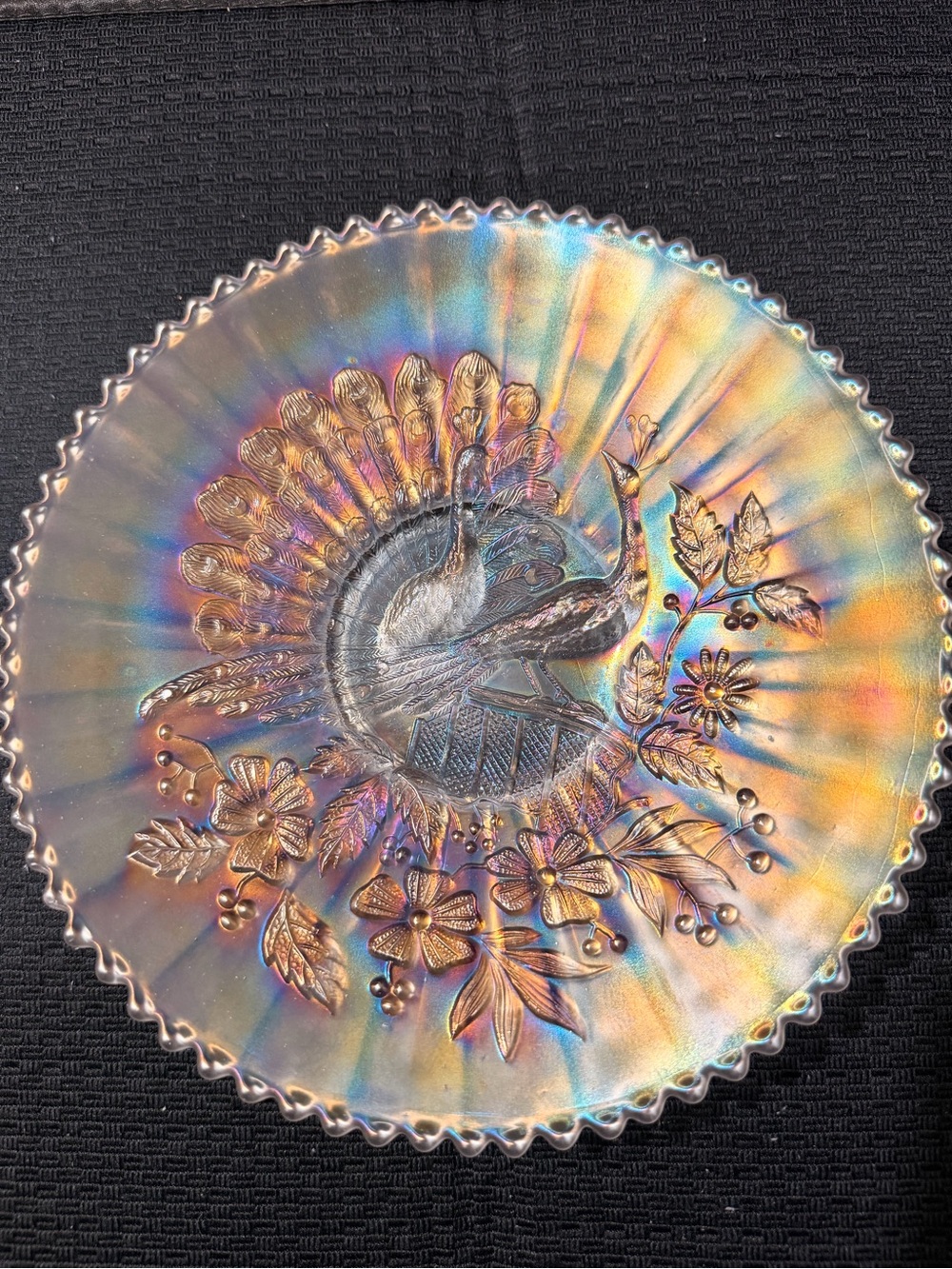 Iridescent Carnival Glass Plate Peacocks On The Fence
